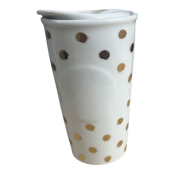 Starbucks 2014 Gold Dots White Ceramic Coffee Mug 12 oz Double Wall Ceramic Lid - Picture 2 of 8